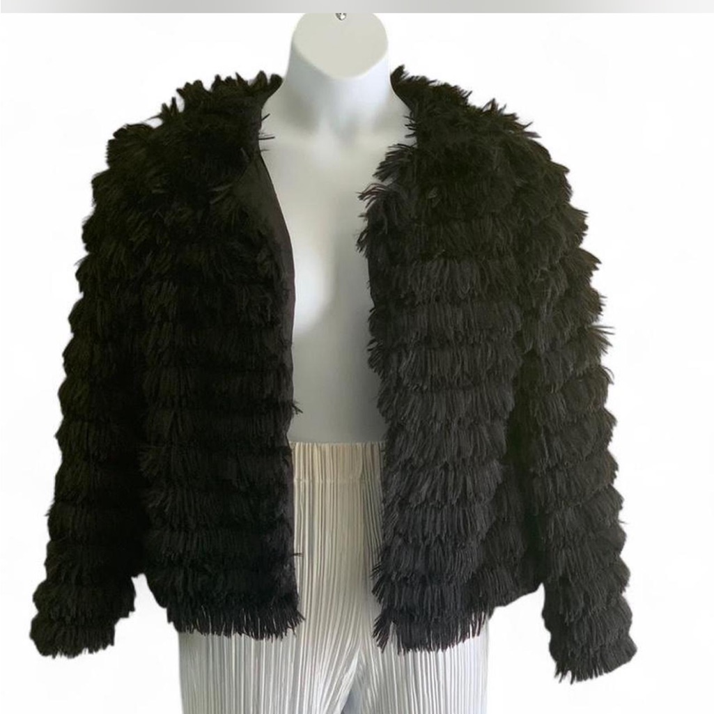 Whimsigoth Furry Teddy Black Fringe Faux-Fur Jacket - Women's Size M